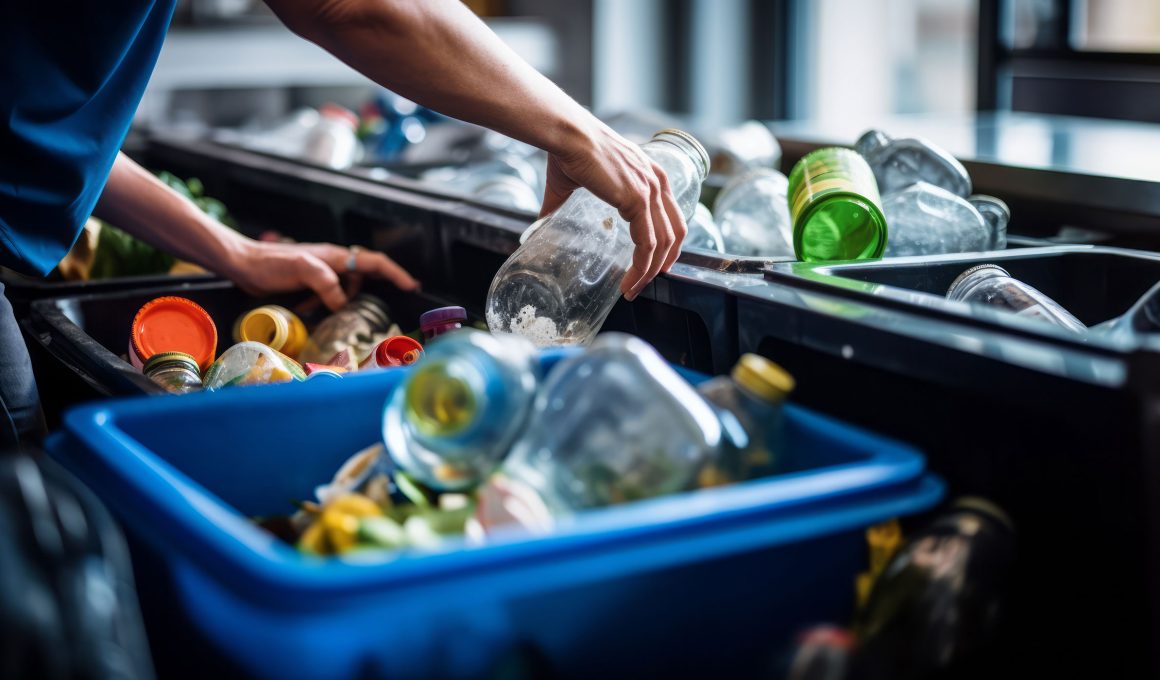 A Woman throws plastic bottles into a recycling sorting bin, at home.