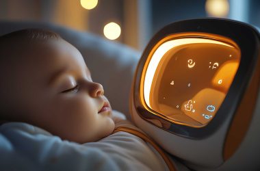 Hightech baby monitor with integrated surveillance, showing a glowing display of a sleeping infant