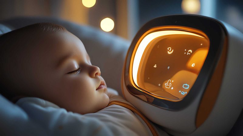 Hightech baby monitor with integrated surveillance, showing a glowing display of a sleeping infant